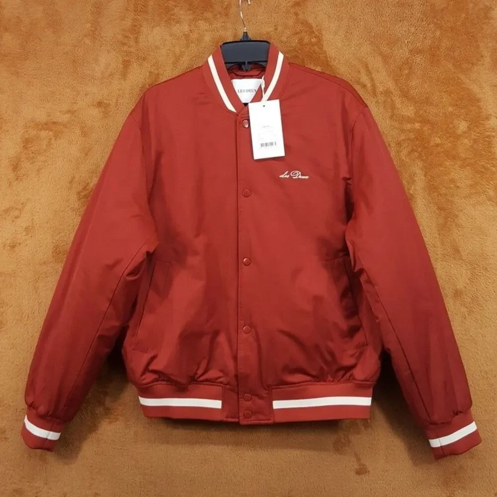 LES DEUX Varsity Jacket Mens Large Red Orange Stripe Tech Quilted Lining $319